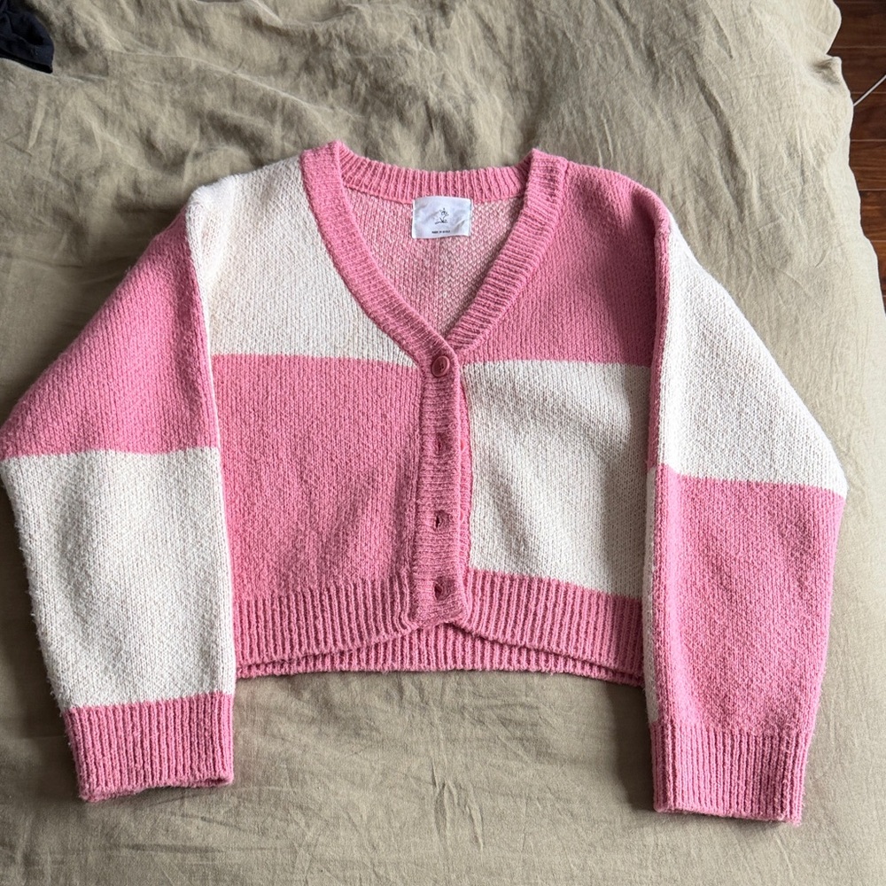 Pink & Cream Striped V-Neck Cropped Cardigan Sweater